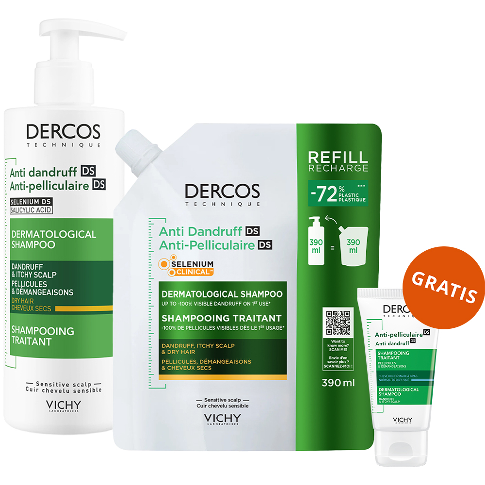 Vichy Zestaw Vichy Dercos Anti Dandruff DS, szampon przeciwłupieżowy, włosy suche, 390 ml + zapas, 390 ml + 50 ml gratis