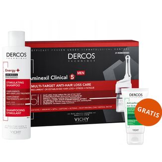 Zestaw Vichy Dercos Aminexil Clinical 5, kuracja przeciw wypadaniu włosów dla mężczyzn, 6 ml x 21 ampułek + szampon wzmacniający, 200 ml + szampon przeciwłupieżowy, 50 ml gratis - zdjęcie produktu