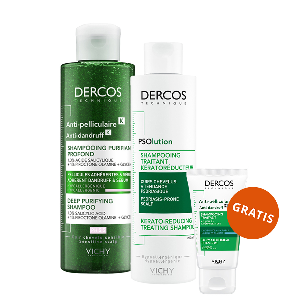 Vichy Zestaw Vichy Dercos Anti Dandruff K, przeciwłupieżowy szampon peelingujący, 250 ml + szampon keratolityczny, 200 ml + szampon przeciwłupieżowy, 50 ml gratis