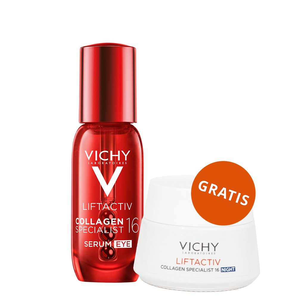 Vichy Vichy Liftactiv Collagen Specialist, serum pod oczy, 15 ml + przeciwzmarszczkowy krem z witaminą Cg i peptydami na noc, 15 ml gratis