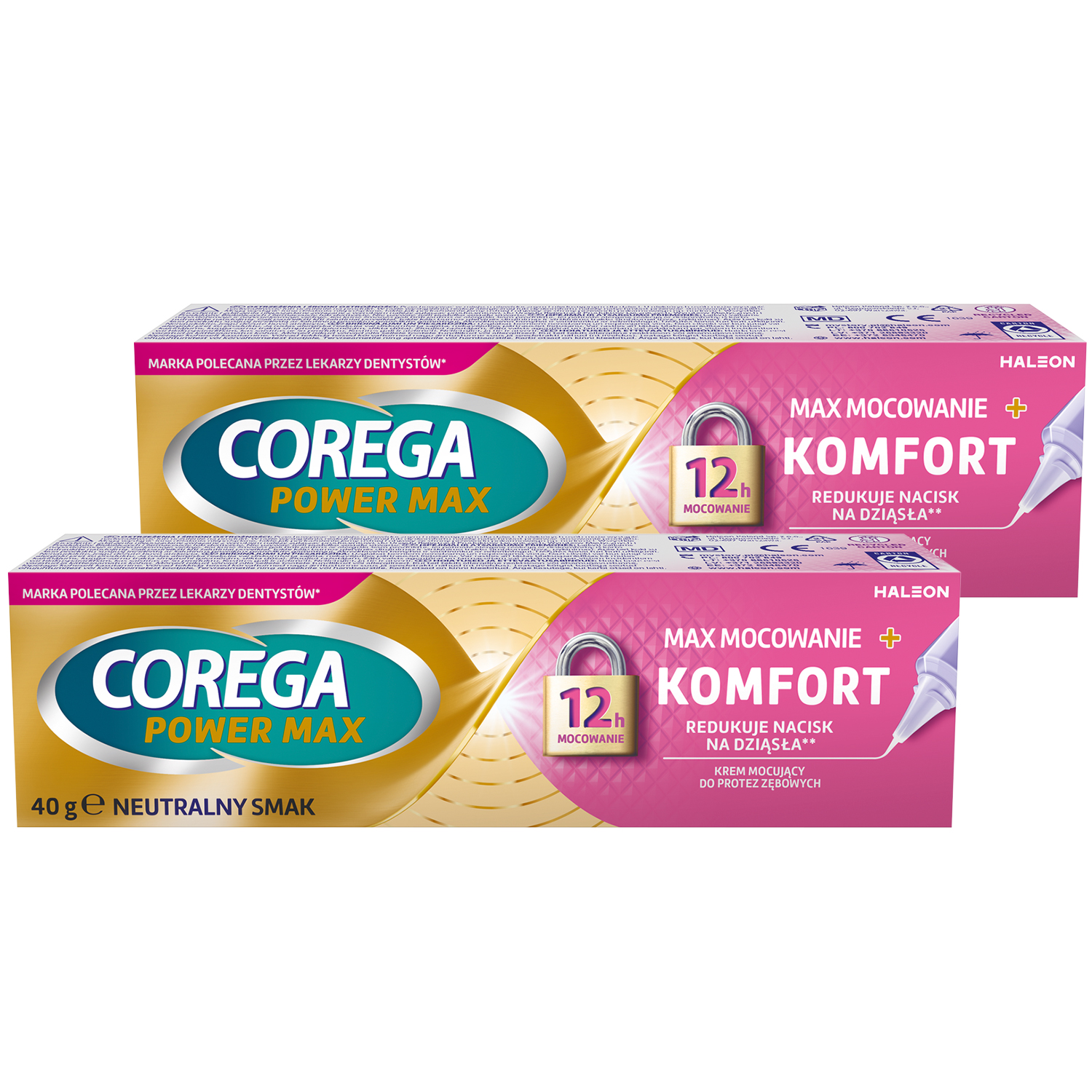 Corega Zestaw Corega Power Max Mocowanie + Komfort, krem mocujący do protez zębowych, neutralny, 2 x 40 g