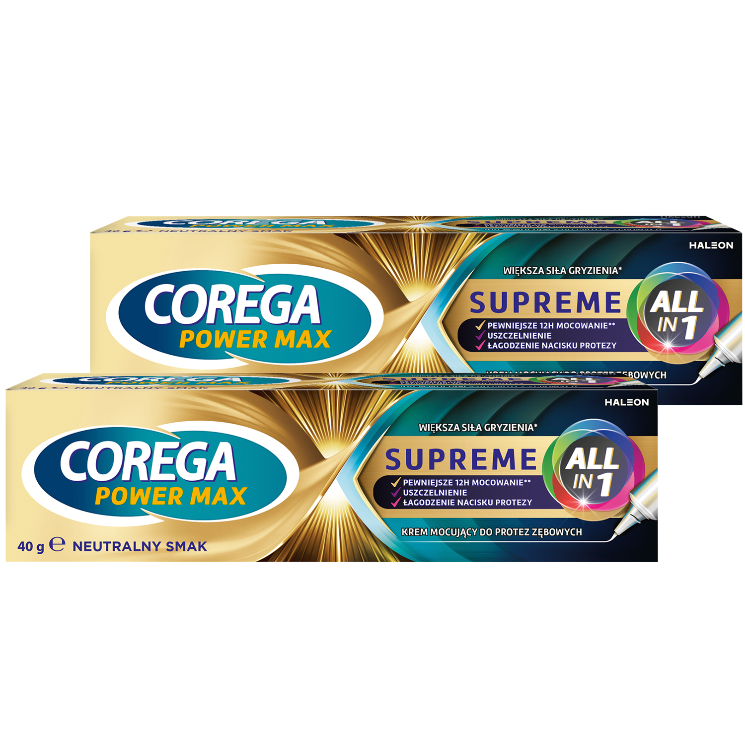 Corega Zestaw Corega Power Max Supreme All-In 1, krem mocujący do protez zębowych, neutralny, 2 x 40 g