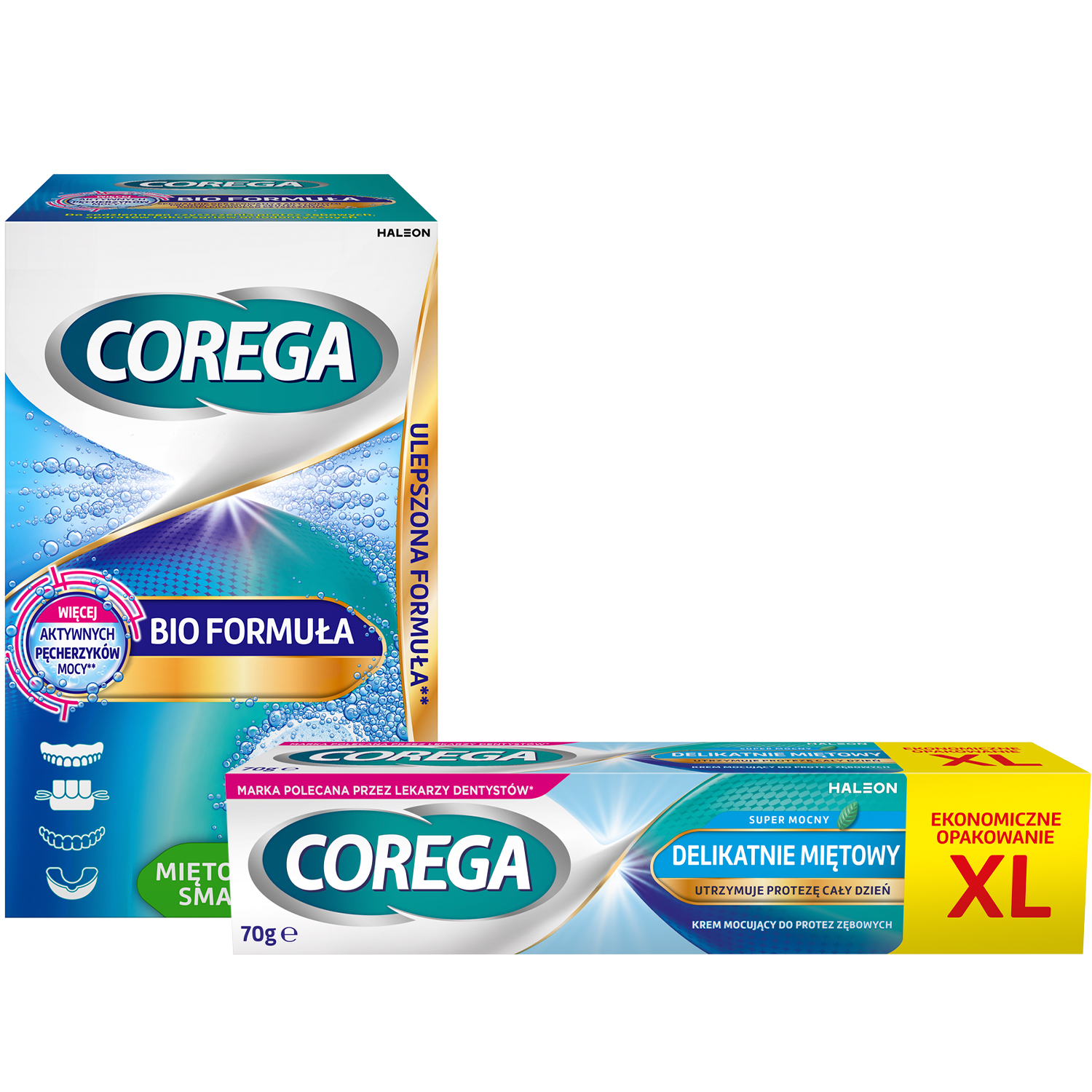 Corega Zestaw Corega Tabs Bio Formuła, tabletki do czyszczenia protez zębowych, 120 tabletek + krem mocujący do protez zębowych, delikatnie miętowy, 70 g
