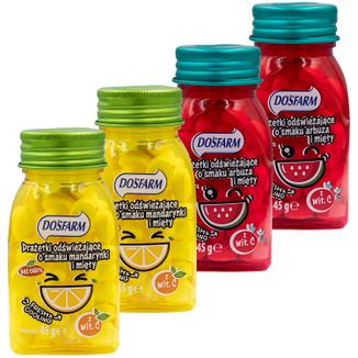 Zestaw Dosfarm Drażetki odświeżające z witaminą C, smak arbuz i mięta, 2 x 45 g + smak mandarynka i mięta, 2 x 45 g - zdjęcie produktu