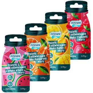 Zestaw Dosfarm Drażetki odświeżające z witaminą D, smak truskawka i mięta, 19 g + smak mango i mięta, 19 g + smak mandarynka i mięta, 19 g + smak arbuz i mięta, 19 g - zdjęcie produktu