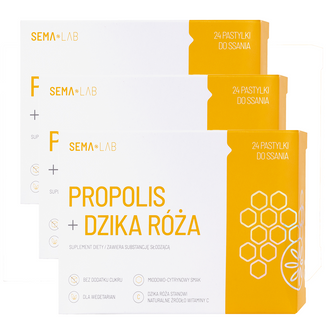 Zestaw SEMA Lab Propolis + Dzika róża, smak miodowo-cytrynowy, 3 x 24 pastylki do ssania Zestaw SEMA Lab Propolis + Dzika róża, smak miodowo-cytrynowy, 3 x 24 pastylki do ssania - zdjęcie produktu