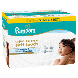 Pampers Aqua Soft Touch, chusteczki nawilżane, 9 x 60 sztuk - zdjęcie produktu
