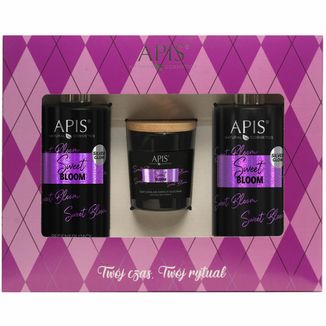 Zestaw Apis Sweet Bloom, krem do ciała i dłoni z drobinkami, 300 ml + żel pod prysznic, 300 ml + świeca sojowa, 70 g - zdjęcie produktu