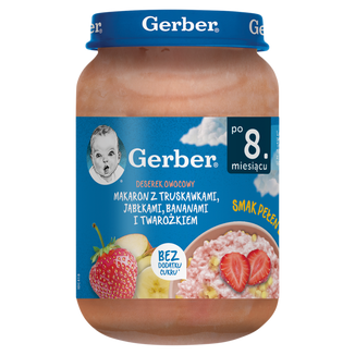 Gerber Deserek, makaron z truskawkami, jabłkami, bananami i twarożkiem, po 8 miesiącu, 190 g Gerber Deserek, makaron z truskawkami, jabłkami, bananami i twarożkiem, po 8 miesiącu, 190 g - zdjęcie produktu