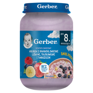 Gerber Deserek, makaron z bananem, owocami leśnymi, truskawkami i twarożkiem, po 8 miesiącu, 190 g - zdjęcie produktu