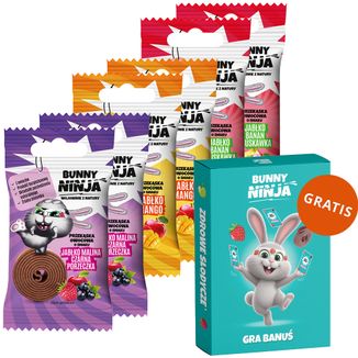 Zestaw Bunny Ninja Fruit Rolls, przekąska owocowa, smak jabłko-malina-czarna porzeczka, 2 x 15 g + smak jabłko-truskawka-banan, 2 x 15 g + smak jabłko-mango, 2 x 15 g + gra gratis - zdjęcie produktu