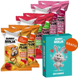 Zestaw Bunny Ninja Fruit Fluk, przekąska owocowa, smak jabłko-malina, 2 x 15 g + smak jabłko-truskawka, 2 x 15 g + smak jabłko-mango, 2 x 15 g + gra gratis Zestaw Bunny Ninja Fruit Fluk, przekąska owocowa, smak jabłko-malina, 2 x 15 g + smak jabłko-truskawka, 2 x 15 g + smak jabłko-mango, 2 x 15 g + gra gratis - zdjęcie produktu