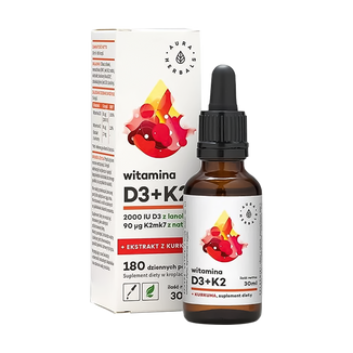 Aura Herbals Witamina D3 + K2 + ekstrakt z kurkumy, krople, 30 ml USZKODZONE OPAKOWANIE Aura Herbals Witamina D3 + K2 + ekstrakt z kurkumy, krople, 30 ml USZKODZONE OPAKOWANIE - zdjęcie produktu