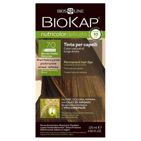 Biokap Biokap Nutricolor Delicato Rapid, farba koloryzująca do włosów, 7.0 średni naturalny blond, 135 ml