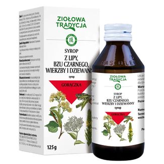 Ziołowa Tradycja Syrop z lipy, bzu czarnego, wierzby i dziewanny, 125 g USZKODZONE OPAKOWANIE Ziołowa Tradycja Syrop z lipy, bzu czarnego, wierzby i dziewanny, 125 g USZKODZONE OPAKOWANIE - zdjęcie produktu