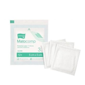 Matopat Matocomp, kompresy jałowe, 100% bawełny, 17-nitkowe, 12-warstwowe, 5 cm x 5 cm, 3 sztuki - zdjęcie produktu