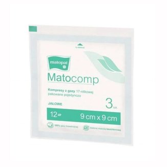 Matopat Matocomp, kompresy jałowe, 100% bawełny, 17-nitkowe, 12-warstwowe, 9 cm x 9 cm, 3 sztuki - zdjęcie produktu