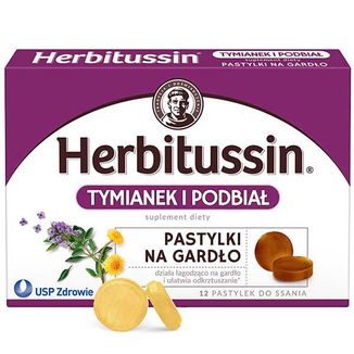 Herbitussin Tymianek i Podbiał, 12 pastylek do ssania KRÓTKA DATA - zdjęcie produktu