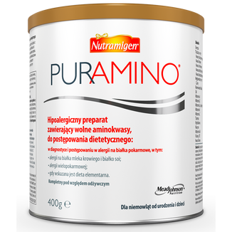 Nutramigen Puramino, hipoalergiczny preparat zawierający wolne aminokwasy do postępowania dietetycznego dla niemowląt od urodzenia i dzieci, 400 g Nutramigen Puramino, hipoalergiczny preparat zawierający wolne aminokwasy do postępowania dietetycznego dla niemowląt od urodzenia i dzieci, 400 g - zdjęcie produktu