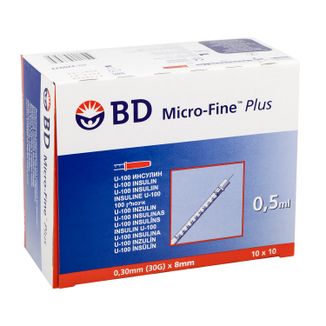 BD Micro-Fine Plus, strzykawka insulinowa, 0,5 ml, U-100, z igłą 30G, 0,3 x 8 mm, 100 sztuk - zdjęcie produktu