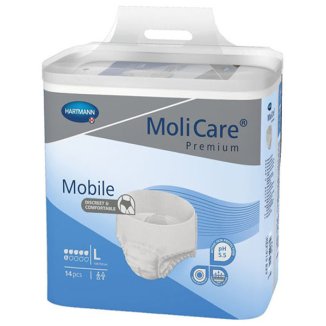 MoliCare Premium Mobile, pieluchomajtki, rozmiar L, 100-150 cm, 6 kropli, 14 sztuk - zdjęcie produktu