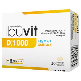Ibuvit D3 1000 + K2 MK-7 Omega 3, dla dzieci powyżej 6 roku, młodzieży i dorosłych, 30 kapsułek USZKODZONE OPAKOWANIE - zdjęcie produktu
