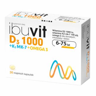 Ibuvit D3 1000 + K2 MK-7 Omega 3, dla dzieci powyżej 6 roku, młodzieży i dorosłych, 30 kapsułek - zdjęcie produktu