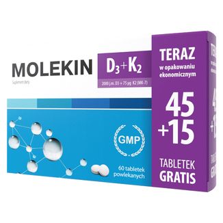 Molekin D3 + K2, witamina D 2000 j.m. + witamina K 75 µg, 45 tabletek powlekanych + 15 tabletek gratis USZKODZONE OPAKOWANIE - zdjęcie produktu