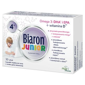 Biaron Junior, dla dzieci powyżej 4 lat i dorosłych, smak owocowej gumy balonowej, 30 kapsułek do żucia USZKODZONE OPAKOWANIE - zdjęcie produktu