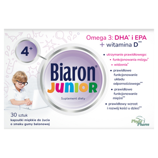 Biaron Junior, dla dzieci powyżej 4 lat i dorosłych, smak owocowej gumy balonowej, 30 kapsułek do żucia - zdjęcie produktu