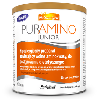 Nutramigen Puramino Junior, hipoalergiczny preparat zawierający wolne aminokwasy do postępowania dietetycznego dla niemowląt od 1 roku, 400 g KRÓTKA DATA Nutramigen Puramino Junior, hipoalergiczny preparat zawierający wolne aminokwasy do postępowania dietetycznego dla niemowląt od 1 roku, 400 g KRÓTKA DATA - zdjęcie produktu