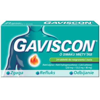Gaviscon o smaku mięty Tab 250 mg + 133,5 mg + 80 mg, 24 tableteki do rozgryzania i żucia - zdjęcie produktu