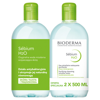 Bioderma Sebium H2O, płyn micelarny do skóry tłustej, mieszanej, trądzikowej, 2 x 500 ml KRÓTKA DATA - zdjęcie produktu