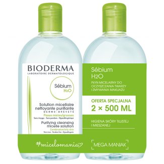 Bioderma Sebium H2O, płyn micelarny do skóry tłustej, mieszanej, trądzikowej, 2 x 500 ml - zdjęcie produktu