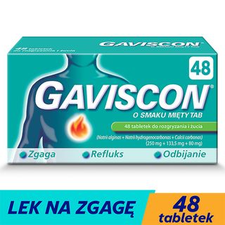 Gaviscon o smaku mięty Tab 250 mg + 133,5 mg + 80 mg, 48 tabletek do rozgryzania i żucia - miniaturka 2 zdjęcia produktu