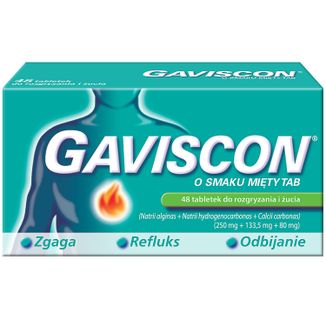 Gaviscon o smaku mięty Tab 250 mg + 133,5 mg + 80 mg, 48 tabletek do rozgryzania i żucia - zdjęcie produktu