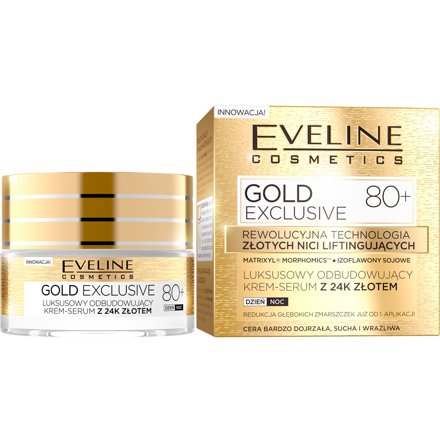Nieznana Eveline Cosmetics Gold Exclusive 80+, luksusowy odbudowujący krem-serum z 24k złotem, 50 ml
