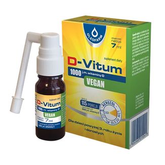 D-Vitum 1000 j.m. Vegan, witamina D dla dzieci od 3 roku i dorosłych, aerozol, 7 ml USZKODZONE OPAKOWANIE D-Vitum 1000 j.m. Vegan, witamina D dla dzieci od 3 roku i dorosłych, aerozol, 7 ml USZKODZONE OPAKOWANIE - zdjęcie produktu