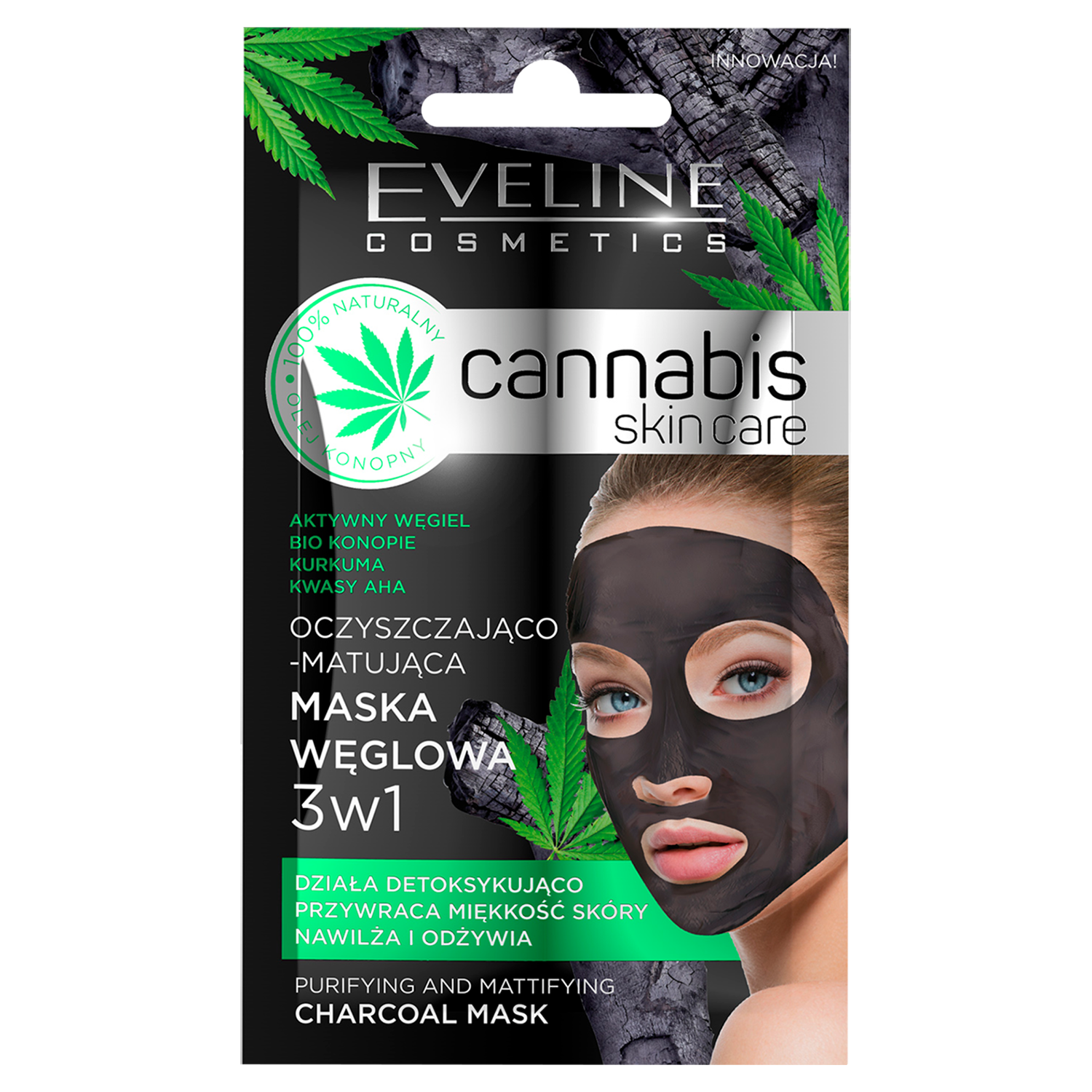 Nieznana Eveline Cosmetics Cannabis, oczyszczająco-matująca maska węglowa 3w1, 7 ml