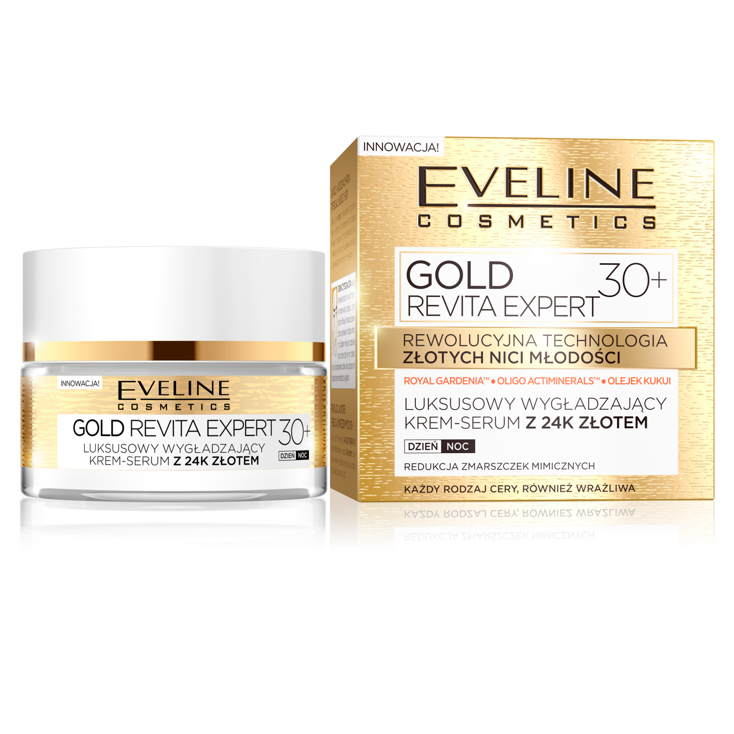 Nieznana Eveline Cosmetics Gold Revita Expert 30+, luksusowy wygładzający krem-serum z 24k złotem, 50 ml