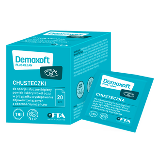Demoxoft Plus Clean, chusteczki do specjalistycznej higieny powiek i skóry wokół oczu, 20 sztuk Demoxoft Plus Clean, chusteczki do specjalistycznej higieny powiek i skóry wokół oczu, 20 sztuk - zdjęcie produktu