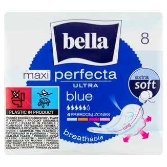 Bella Perfecta Ultra, podpaski higieniczne Extra Soft ze skrzydełkami, Maxi Blue, 8 sztuk - zdjęcie produktu
