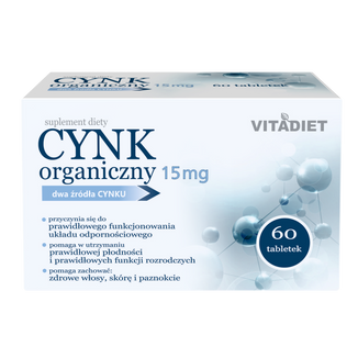 Vitadiet Cynk Organiczny 15 mg, 60 tabletek Vitadiet Cynk Organiczny 15 mg, 60 tabletek - zdjęcie produktu