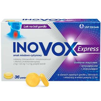 Inovox Express 2 mg + 0,6 mg + 1,2 mg, smak miodowo-cytrynowy, 36 pastylek - zdjęcie produktu