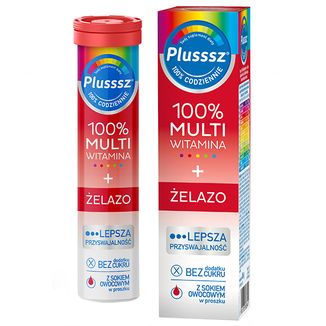 Plusssz 100% Multiwitamina + Żelazo, smak wiśnia-pomarańcza, 20 tabletek musujących KRÓTKA DATA Plusssz 100% Multiwitamina + Żelazo, smak wiśnia-pomarańcza, 20 tabletek musujących KRÓTKA DATA - zdjęcie produktu