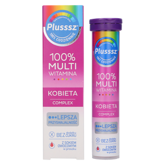 Plusssz 100% Multiwitamina Kobieta Complex, smak malinowo-pomarańczowy, 20 tabletek musujących - zdjęcie produktu