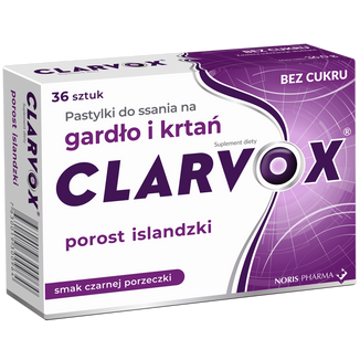Clarvox Porost Islandzki, smak czarnej porzeczki, 36 pastylek do ssania Clarvox Porost Islandzki, smak czarnej porzeczki, 36 pastylek do ssania - zdjęcie produktu
