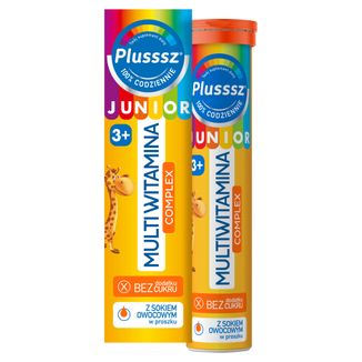 Plusssz Junior Multiwitamina Complex, dla dzieci powyżej 3 lat, smak tropikalny, 20 tabletek musujących USZKODZONE OPAKOWANIE - zdjęcie produktu