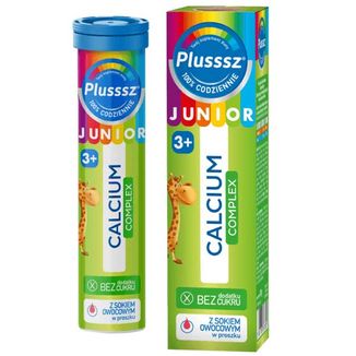 Plusssz Junior Calcium Complex, dla dzieci powyżej 3 lat, smak poziomka-jeżyna, 20 tabletek musujących USZKODZONE OPAKOWANIE - zdjęcie produktu