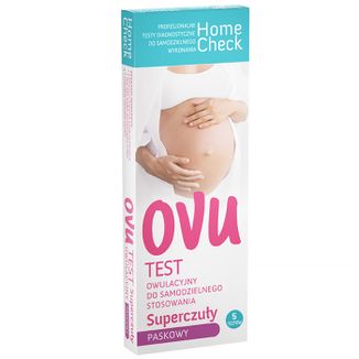 Home Check Test Ovu, test owulacyjny do oznaczania hormonu LH w moczu, paskowy, super czuły, 5 sztuk - zdjęcie produktu